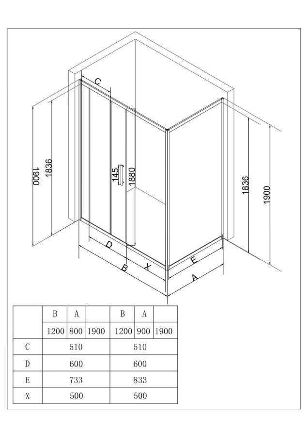 EG2B Душевое ограждение прямоугольное EvaGold 120х80, профиль черный матовый, прозрачное стекло EG220025