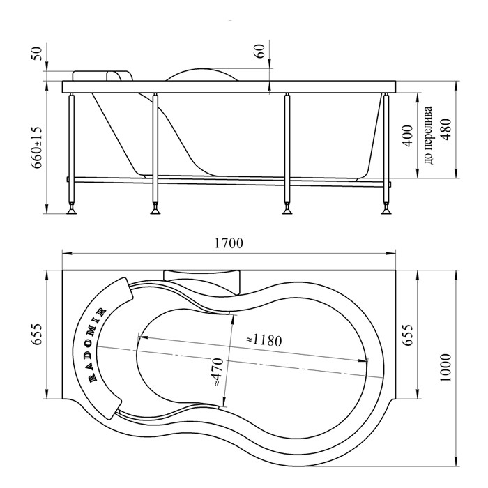 Radomir Паллада Комфорт Chrome 170x100 см ванна акриловая асиметричная белая c гидромассажем правая-левая