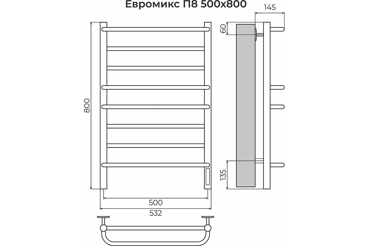 Полотенцесушитель электрический Terminus Евромикс КС встроенный диммер Черный матовый 532/800 П8 4670078557087