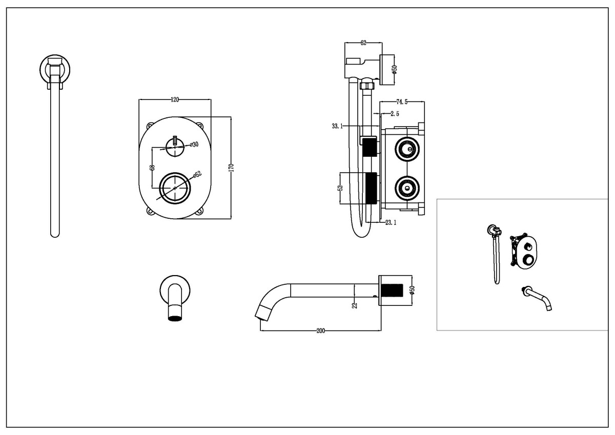 Boheme Tech Mat White Смеситель для душа встраиваемый + излив + держатель лейки + шланг 154-MW