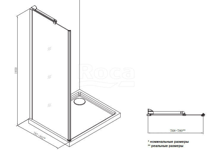 Душевое ограждение Roca Metropolis боковая часть 800х1950 прозрачное стекло, профиль хром 7.MP35.0.801.2M