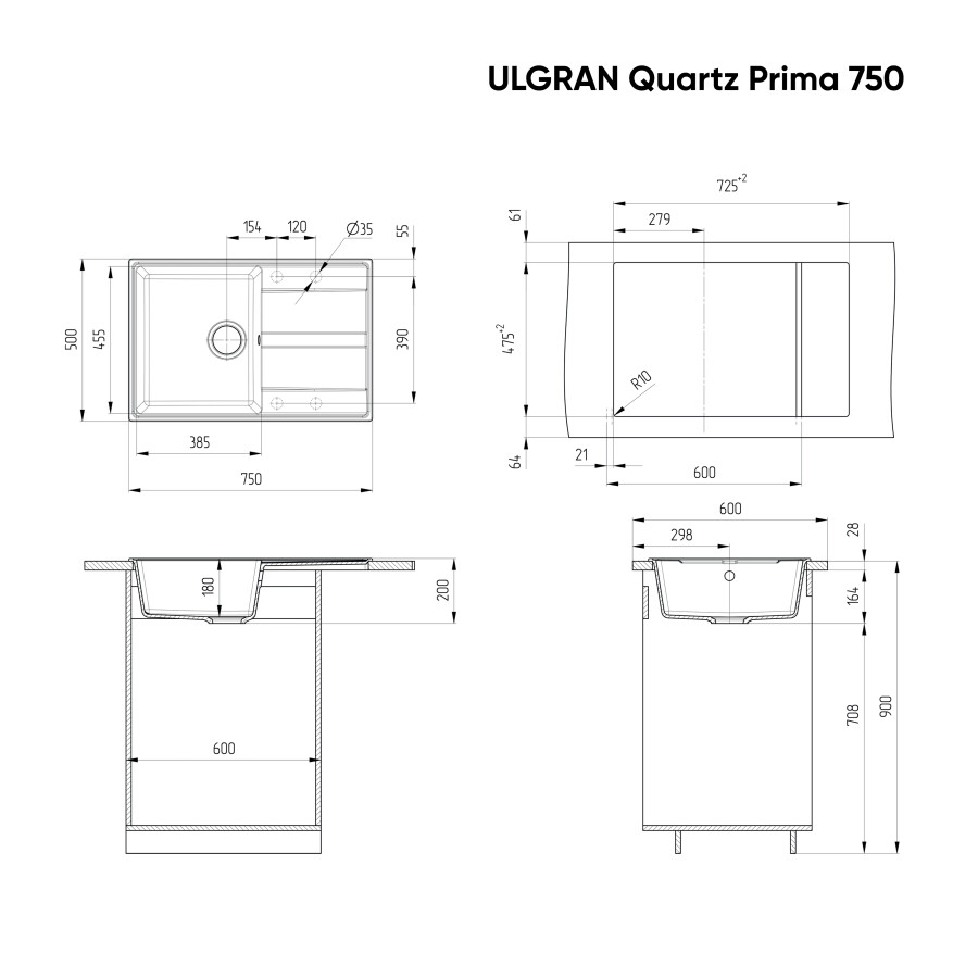 Мойка кухонная Ulgran Quartz Prima 750-02 лен