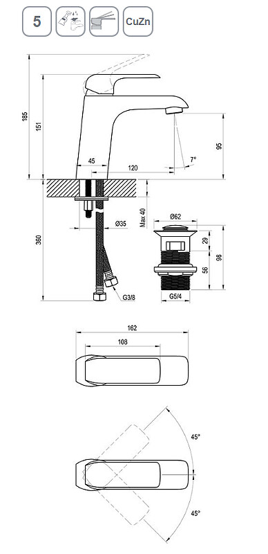 Ravak Flat FL 013.20 Смеситель для раковины с донным клапаном черный матовый X070172