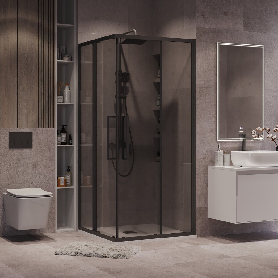 Душевое ограждение Grossman Cosmo 300.K33.02.8080.21.10 (80х80х195) квадрат,раздвижная,черный матовый,стекло тонированное, 1 место