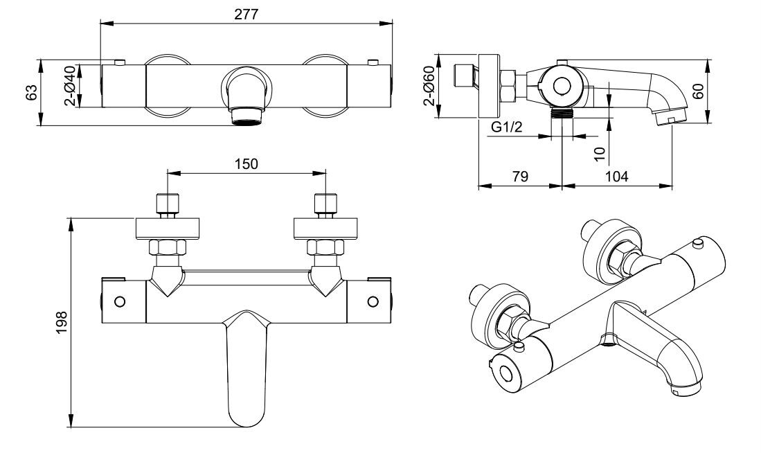 Aquatek Вега AQ1043MB Термостатический смеситель для ванны Черный матовый