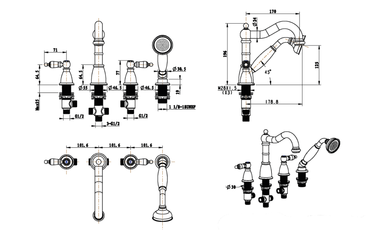 Смеситель врезной на 4 отв., на борт ванны Boheme Camelia Золото_Комплект 395-Camelia