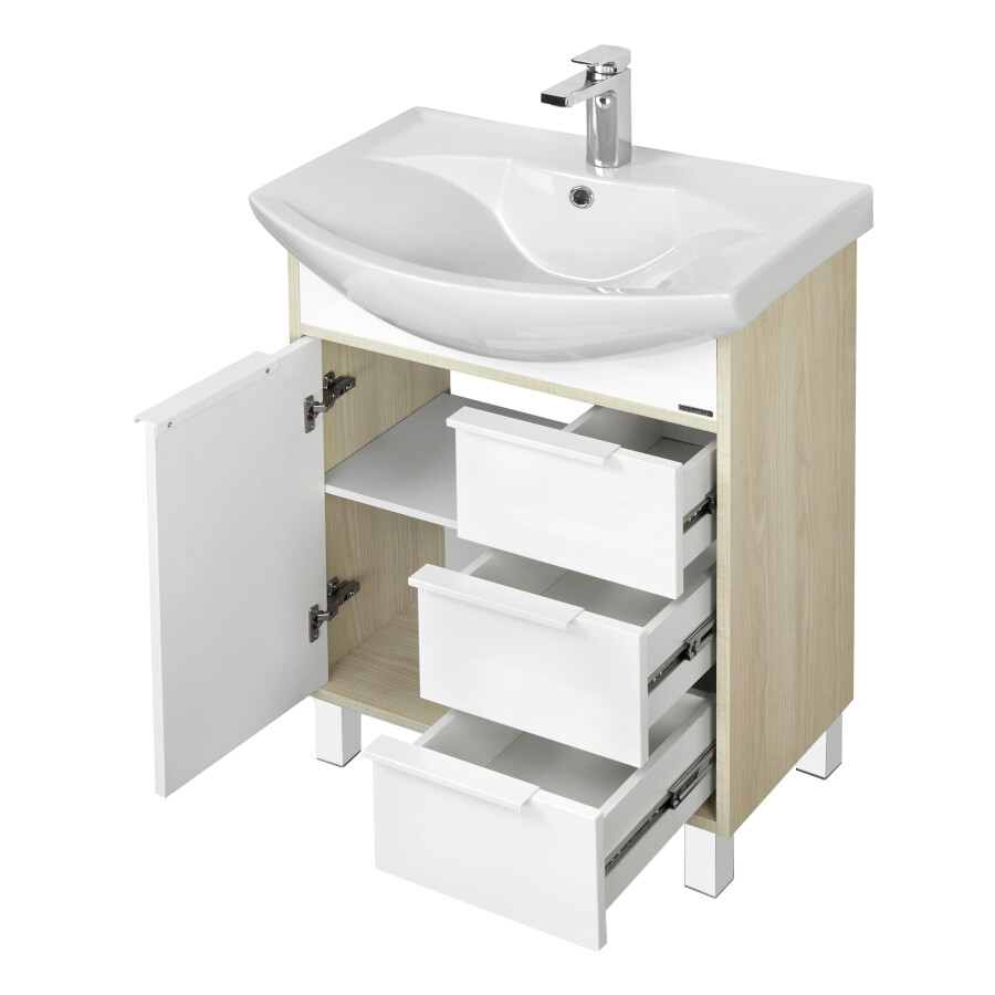 Акватон Рико 65 тумба с раковиной 1A2133K1RIB90 напольная, белая / ясень фабрик