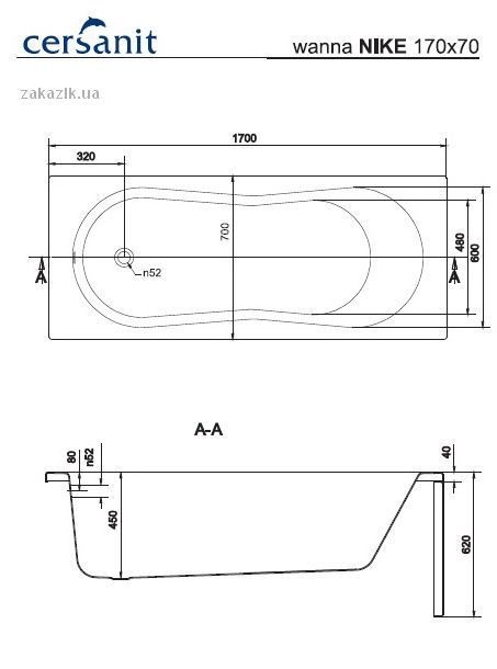 Cersanit Nike 170*70 ванна акриловая прямоугольная 63347