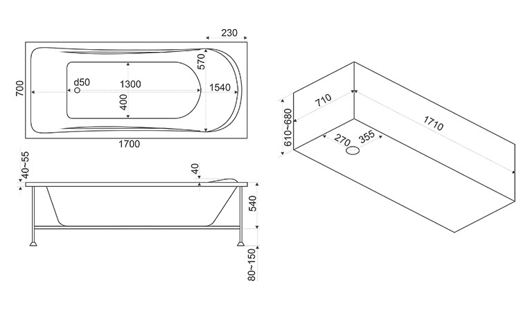 BAS Атланта 170 70 см ванна акриловая прямоугольная В 00003