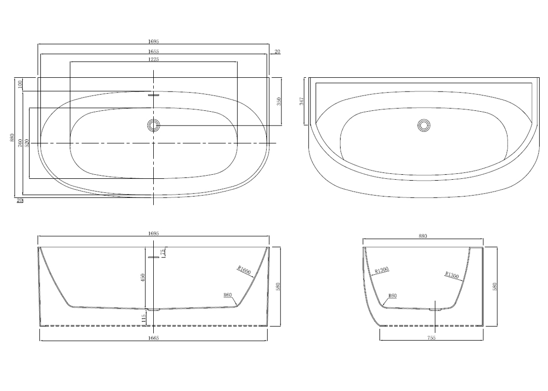 Azario Cambridge ванна акриловая 170 88 см пристенная CAM17289MB