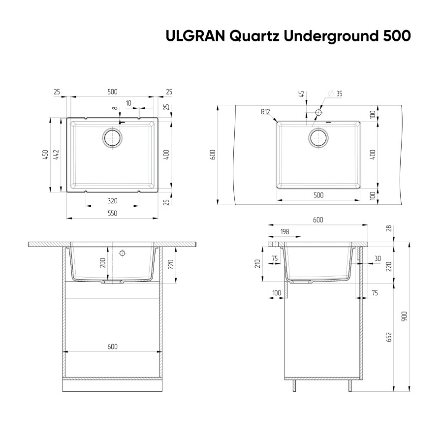 Мойка кухонная Ulgran Quartz Underground десерт Under 500-03