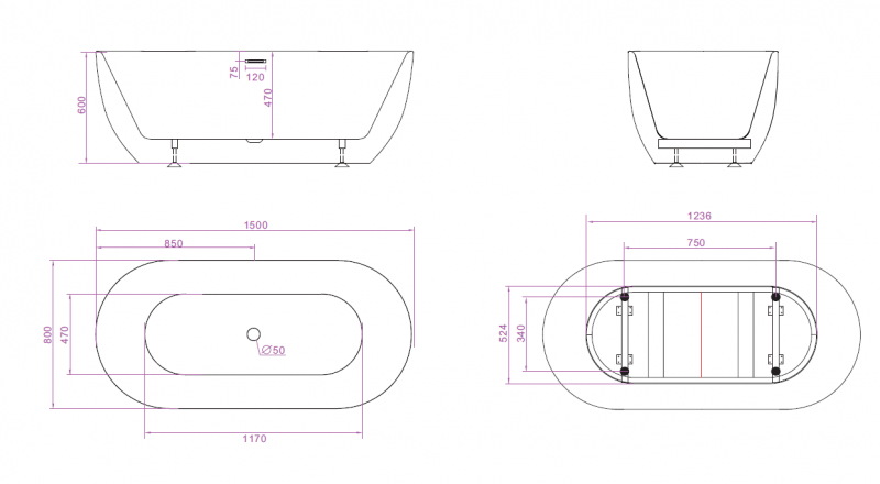 BelBagno ванна отдельностоящая овальная 150х80 BB70-1500-800-W/NM
