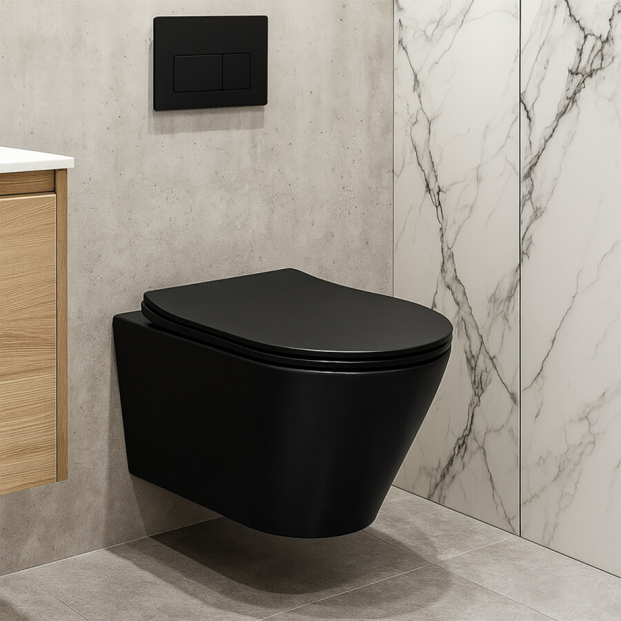 Унитаз подвесной Azario Vela 360х480х360 безободковый, система смыва "Торнадо", с быстросъемным сиденьем "Микролифт", черный матовый AZ-2480MB