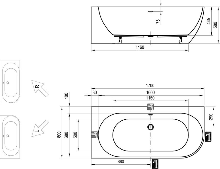 Ravak Freedom Corner L 170*80 акриловая ванна пристенная XC00100043