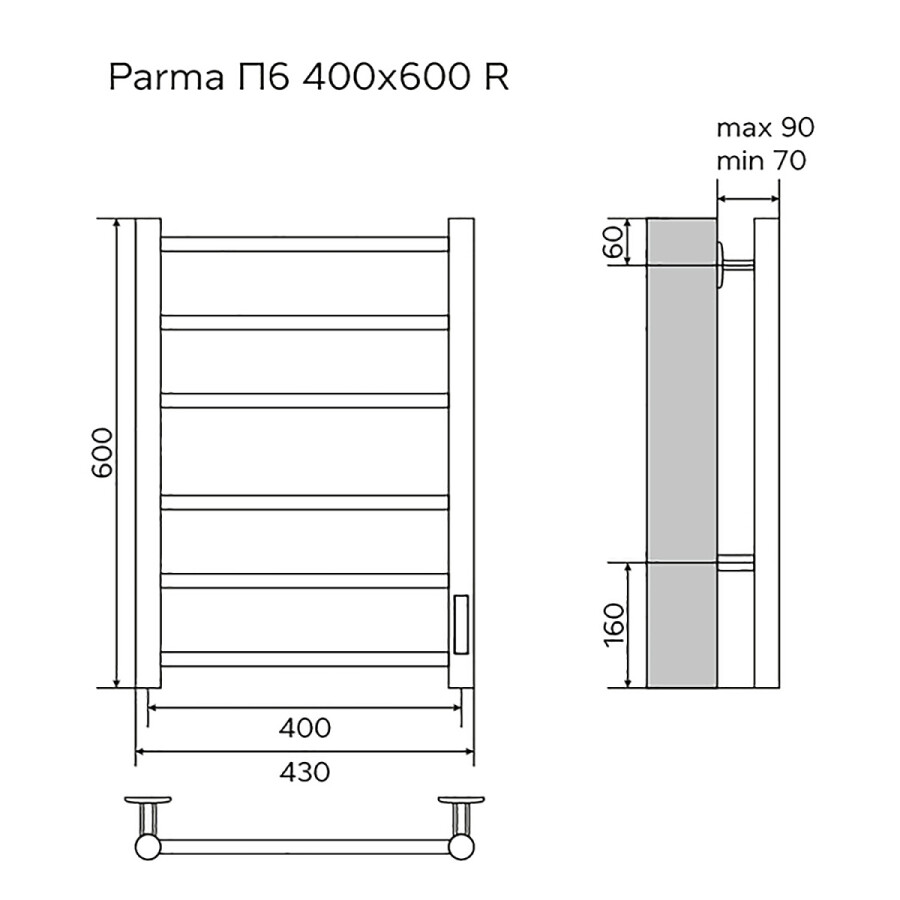 Полотенцесушитель электрический AZARIO PARMA 400/600 6 секций, диммер справа, белый (AZ10846W)