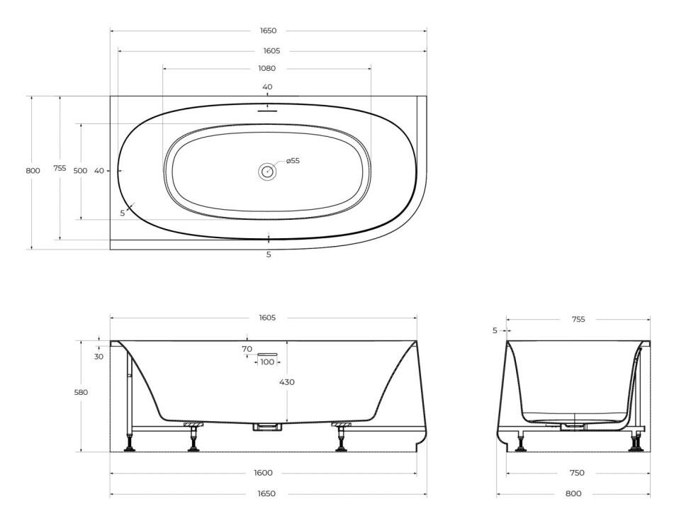 Ванна акриловая угловая левосторонняя 165х80 Cezares CZR-LUX-CORNER-165-80-58-L
