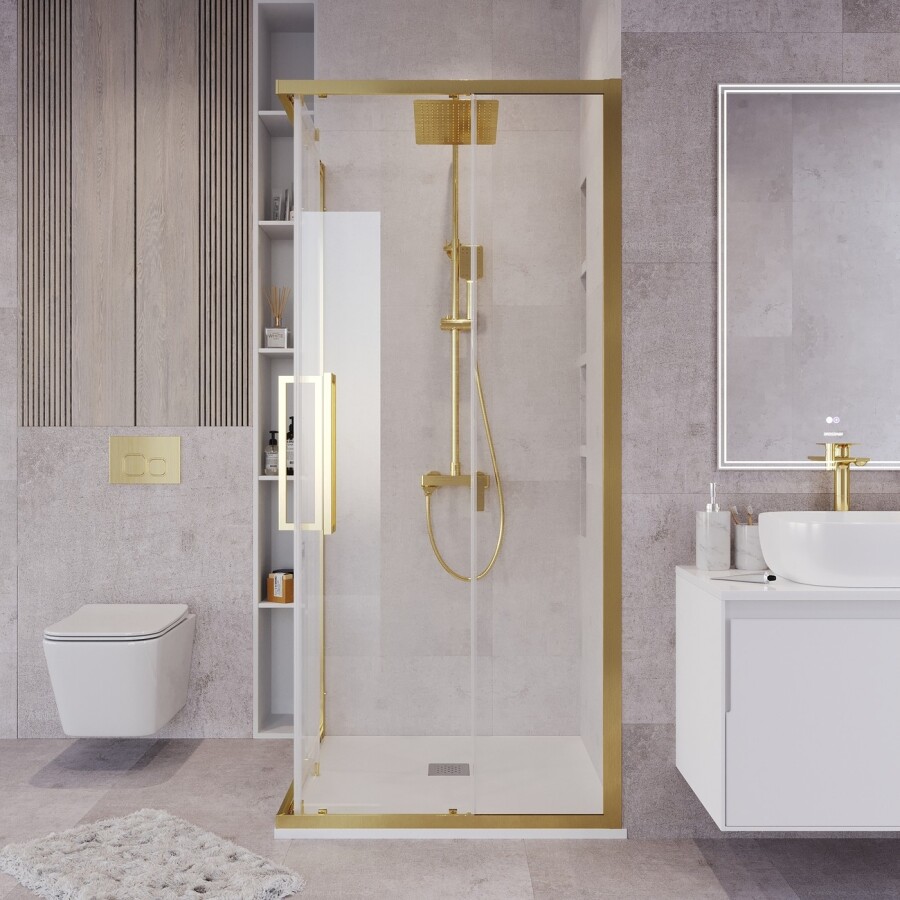 Душевое ограждение Grossman Cosmo 300.K33.02.8080.32.00 (80х80х195) квадрат,раздвижная,золото сатин,стекло прозрачное, 1 место