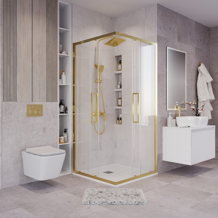 Душевое ограждение Grossman Cosmo 300.K33.02.8080.32.00 (80х80х195) квадрат,раздвижная,золото сатин,стекло прозрачное, 1 место