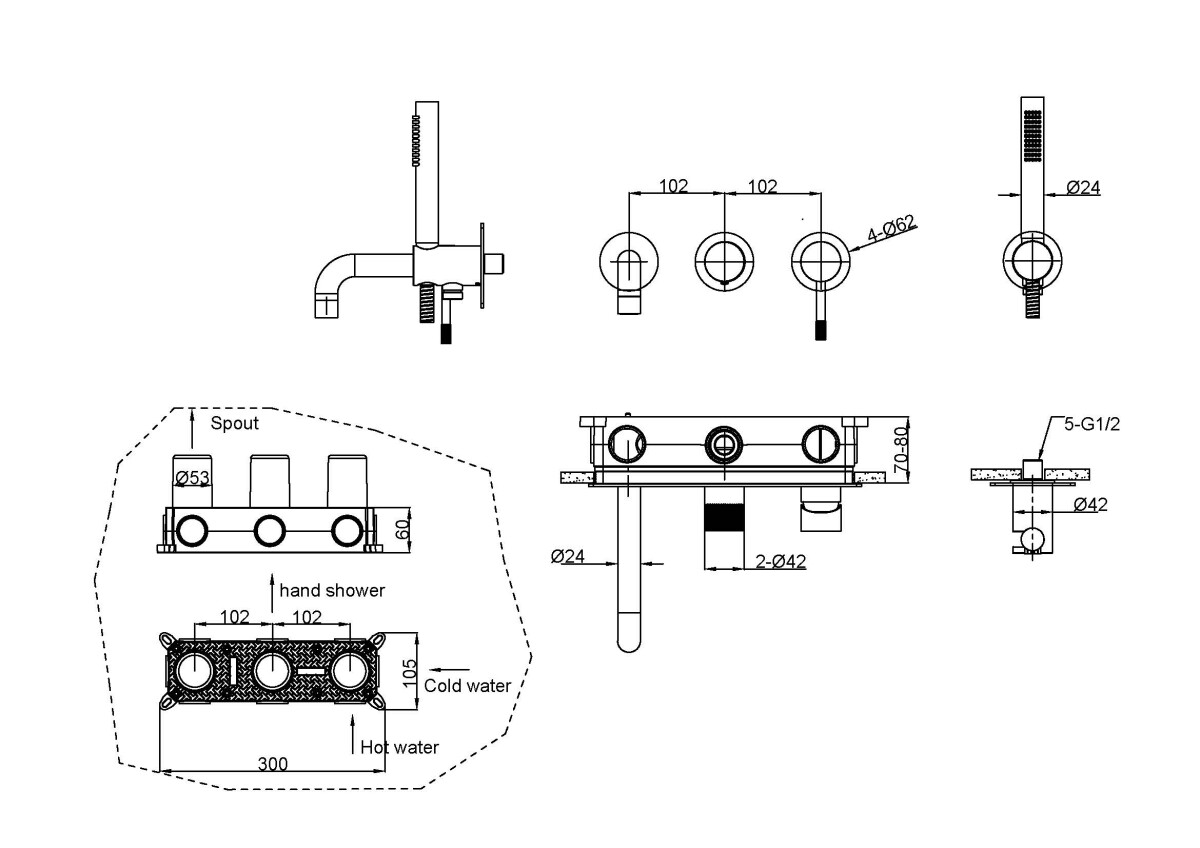 Смеситель для ванны встраиваемый Boheme Uno Brushed Bronze 464-3-BRB