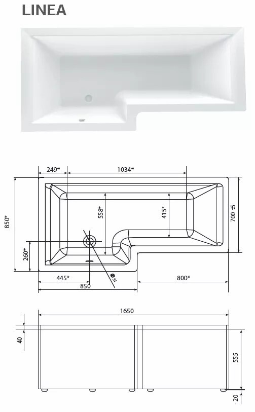 Marka One Linea 165x85 R ванна правосторонняя, асимметричная 01лин16585п