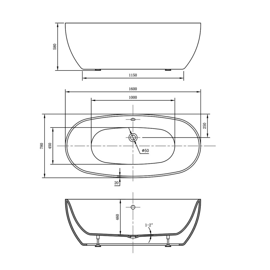 Vincea VBT-405-1600 ванна акриловая овальная 160 см белая