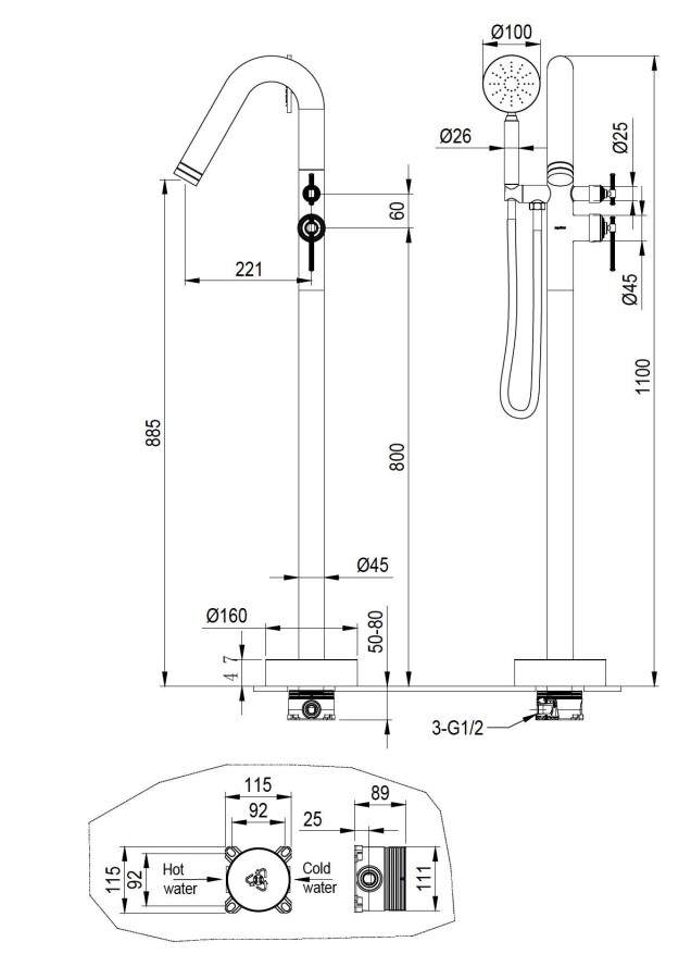 Смеситель напольный Boheme Eterna Nickel Brush 179-NB
