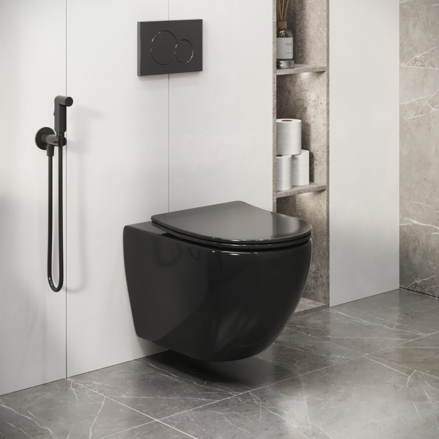 Унитаз подвесной Grossman Color GR-4411BS (560х360х350) безободковый,черный с тонкой крышкой,микролифт,1 место GR-4411blackS