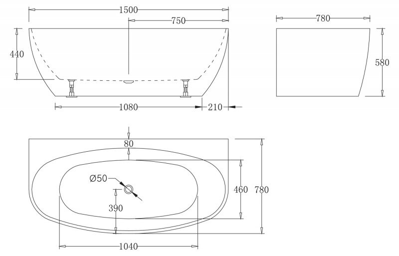 BelBagno ванна пристенная овальная 150х80 BB83-1500-W0