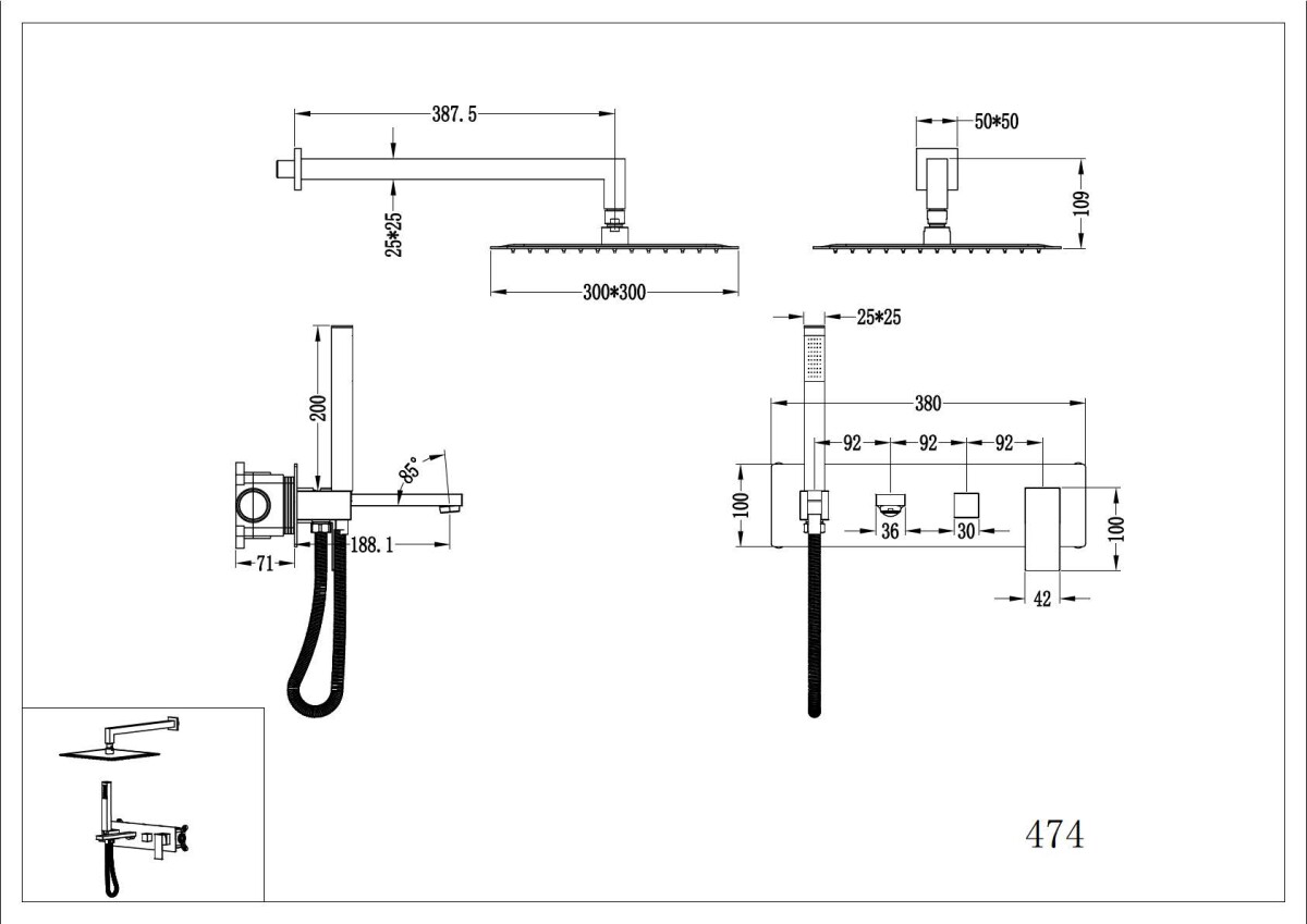 Душевая система с изливом Boheme Qubic Shine Gun Metal 474-SGM
