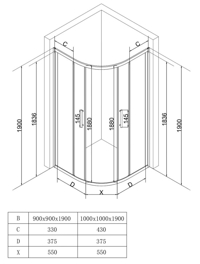 EG4BT Душевое ограждение полукруг EvaGold 90х90, профиль черный матовый, тонированное стекло EG220071