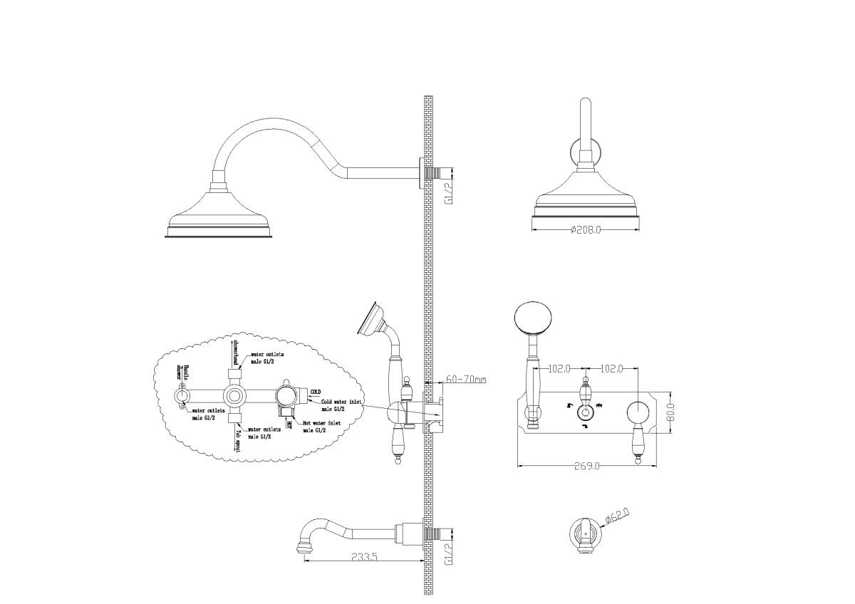 Душевая система с изливом Boheme Tradizionale Nero Золото Черная керамика 258