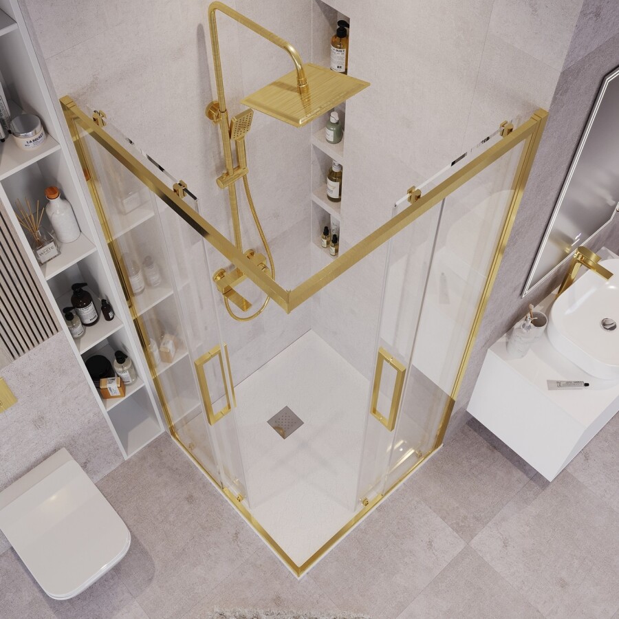 Душевое ограждение Grossman Cosmo 300.K33.02.8080.32.00 (80х80х195) квадрат,раздвижная,золото сатин,стекло прозрачное, 1 место