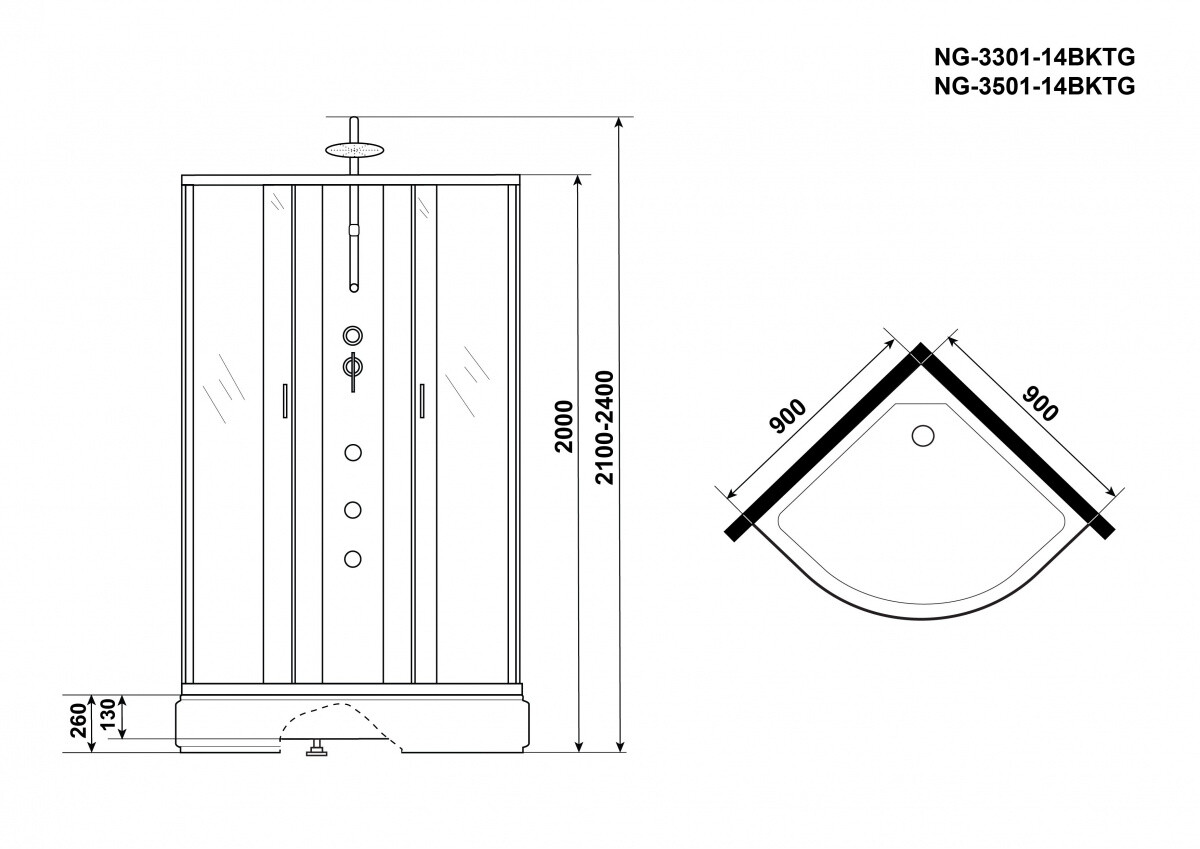 Niagara Classic NG 3301-14BKTG Душевая кабина 90x90 Без крыши с тропическим душем и гидромассажем 33011424BKTG