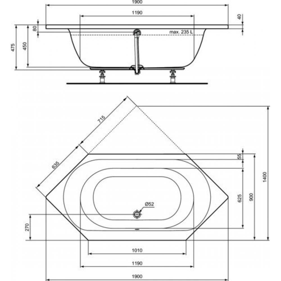 Ideal Standard Connect Air ванна акриловая шестиугольная 190х90 E106901