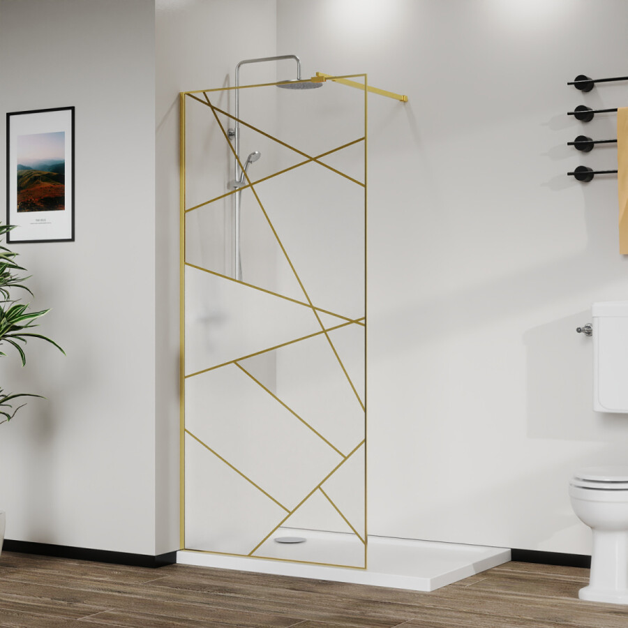 Душевая перегородка Azario Walk-in 1200x1950 в рамке, графический принт, толщина стекла 8 мм, профиль брашированное золото AZ-271-120-BGL-CGP