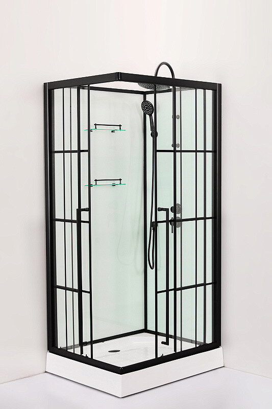 Душевая кабина Loranto 900x900x2150 без крыши, правосторонняя, белое заднее стекло, поддон 14 см, прозрачное стекло 4 мм, профиль черный CS-3008TM/W-90R