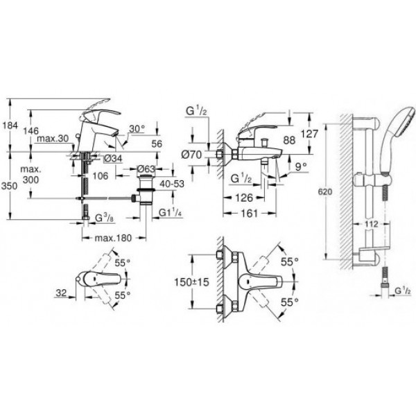 Акционный набор смесителей для ванны Grohe Eurosmart 123238 3 в 1