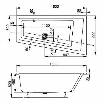 Ванна акриловая Vagnerplast Cavallo Offset угловая правая 160x90 белая VPBA169CAV3PX-04