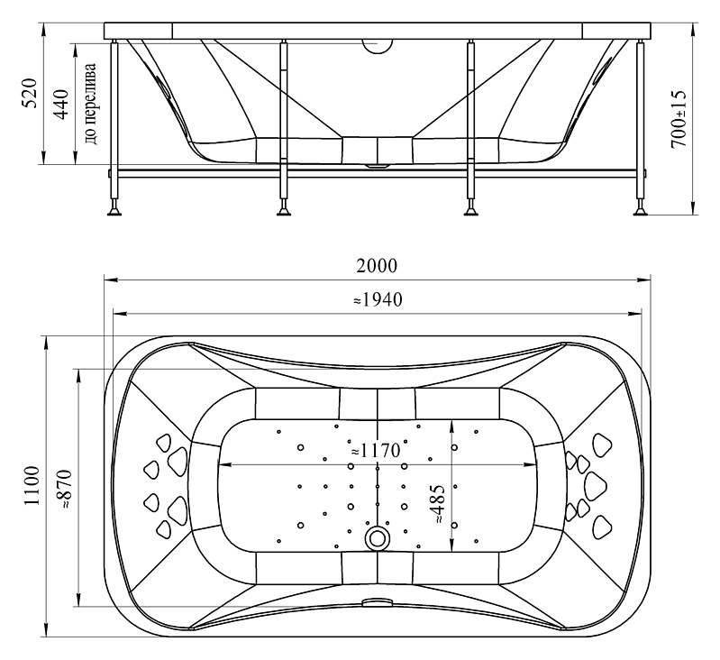 Radomir Лион Комфорт Chrome 200x110 см ванна акриловая прямоугольная c гидромассжаем белая