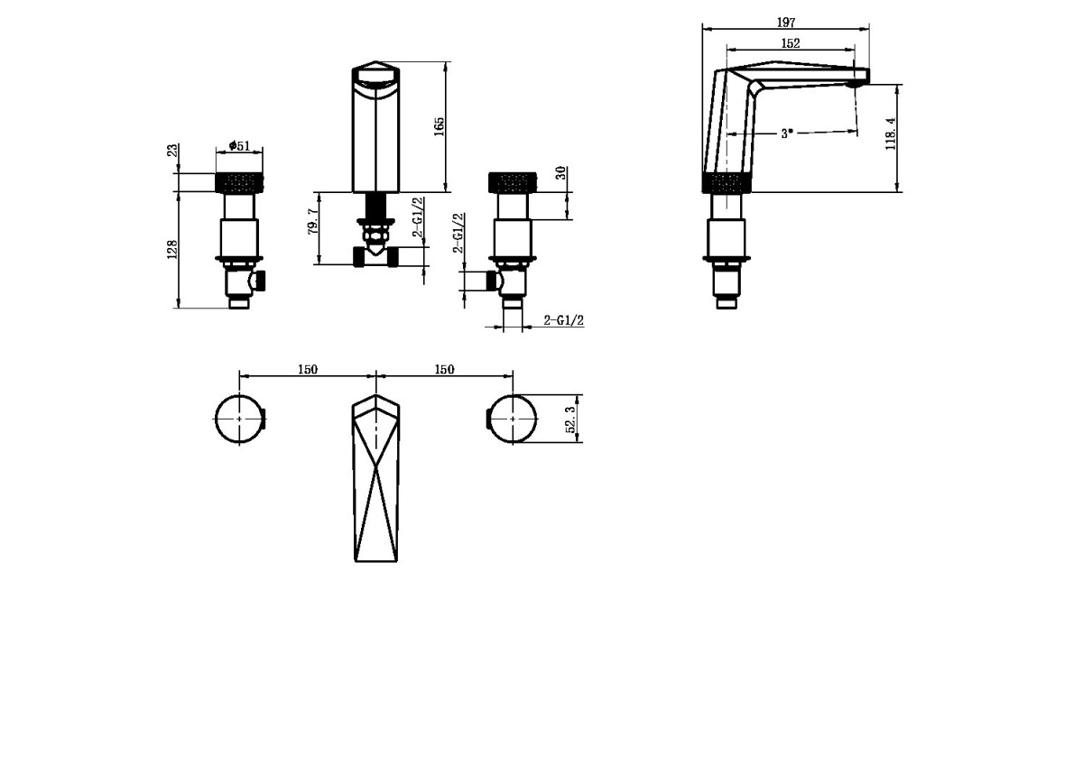 Смеситель врезной для раковины на 3отв. Boheme Venturo Gun Metall 150-GM-TOUCH