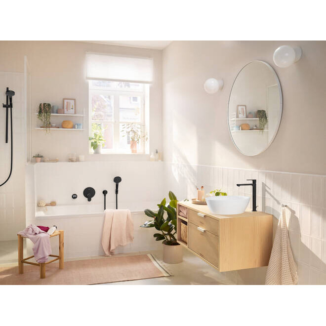 Hansgrohe Rebris S Смеситель для накладной раковины 240 CoolStart со сливным гарнитуром черный матовый 72580670