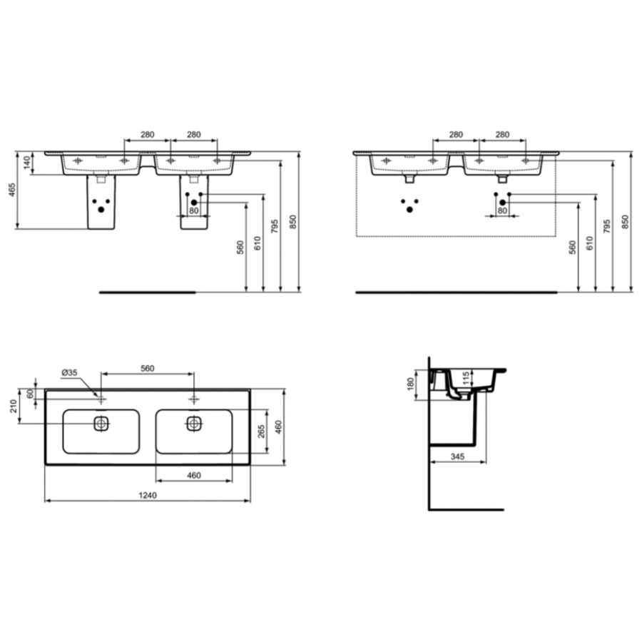 Ideal Standard Strada раковина двойная 124х46 см T363601