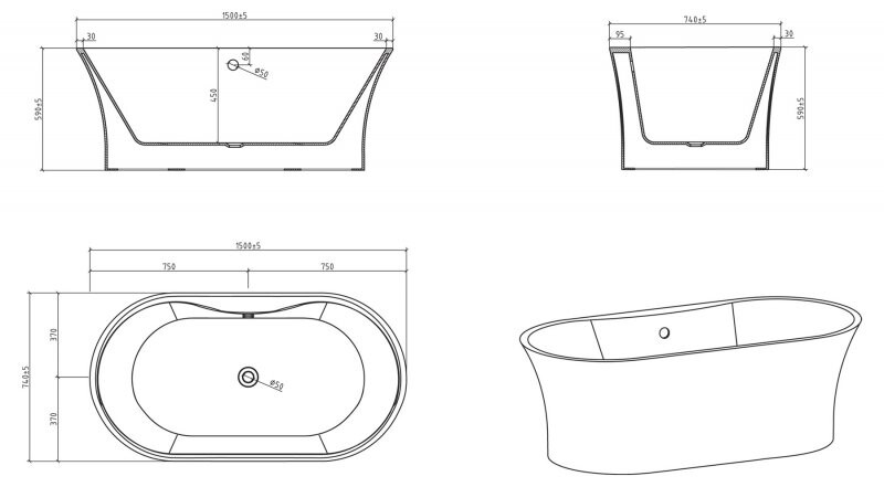 BelBagno BB201-1500-800 150*80 ванна акриловая овальная