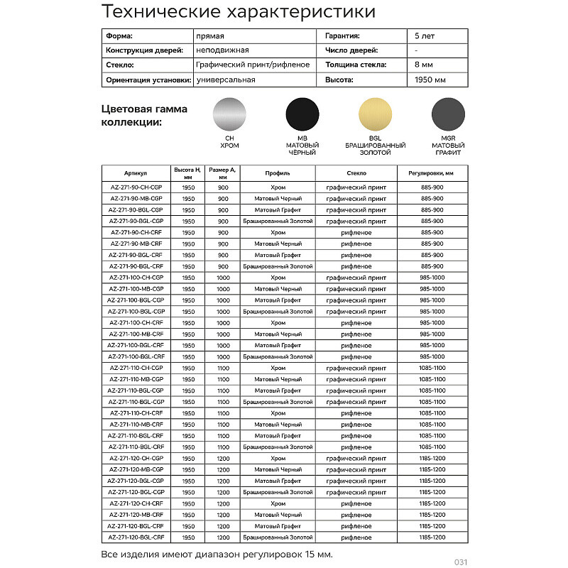 Душевая перегородка Azario Валк-ин 1200х1950 рифленое стекло 8 мм, профиль брашированное золото AZ-251-120-BGL-CRF