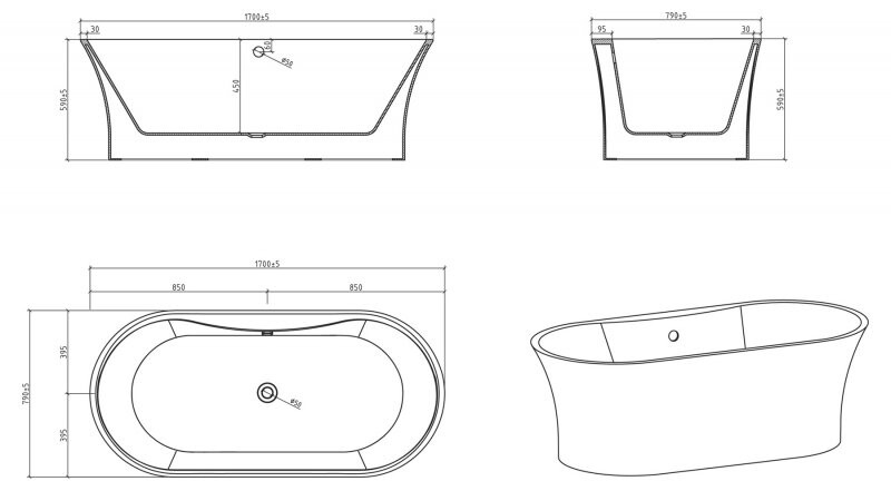 BelBagno BB201-1700-800 170*80 ванна акриловая овальная