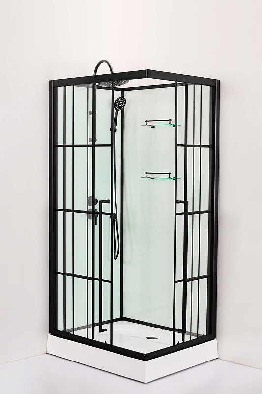 Душевая кабина Loranto 900x900x2150 без крыши, левосторонняя, белое заднее стекло, поддон 14 см, прозрачное стекло 4 мм, профиль черный CS-3008TM/W-90L