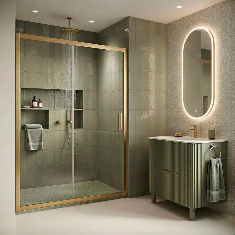 Душевая дверь Loranto раздвижная 120х190, толщина полотна 6мм универсальная, цвет профиля брашированное золото CS-AB03G-120