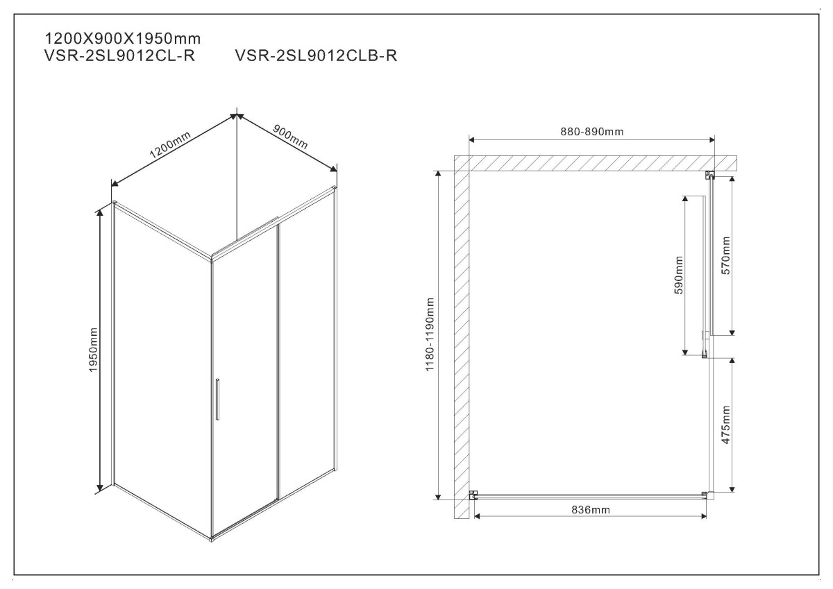 Vincea Slim душевой уголок VSR-2SL9012CLB-R 120х90 черный, стекло прозрачное
