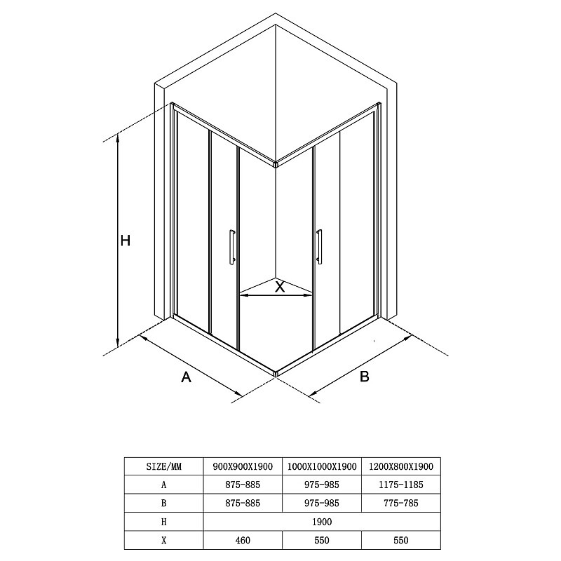Душевое ограждение Loranto 100x100x190 раздвижная дверь, прозрачное стекло 6 мм, профиль сатин CS-AB01S-100