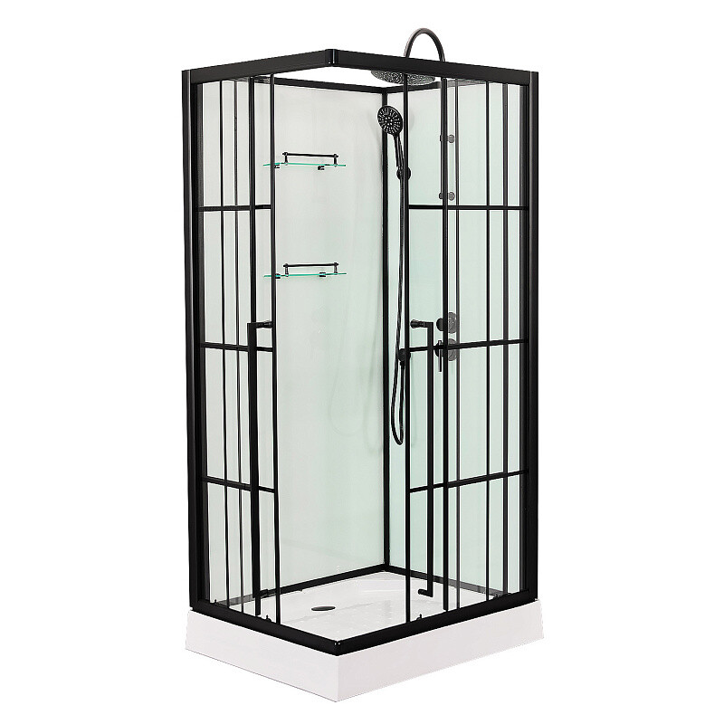 Душевая кабина Loranto 900x900x2150 без крыши, правосторонняя, белое заднее стекло, поддон 14 см, прозрачное стекло 4 мм, профиль черный CS-3008TM/W-90R